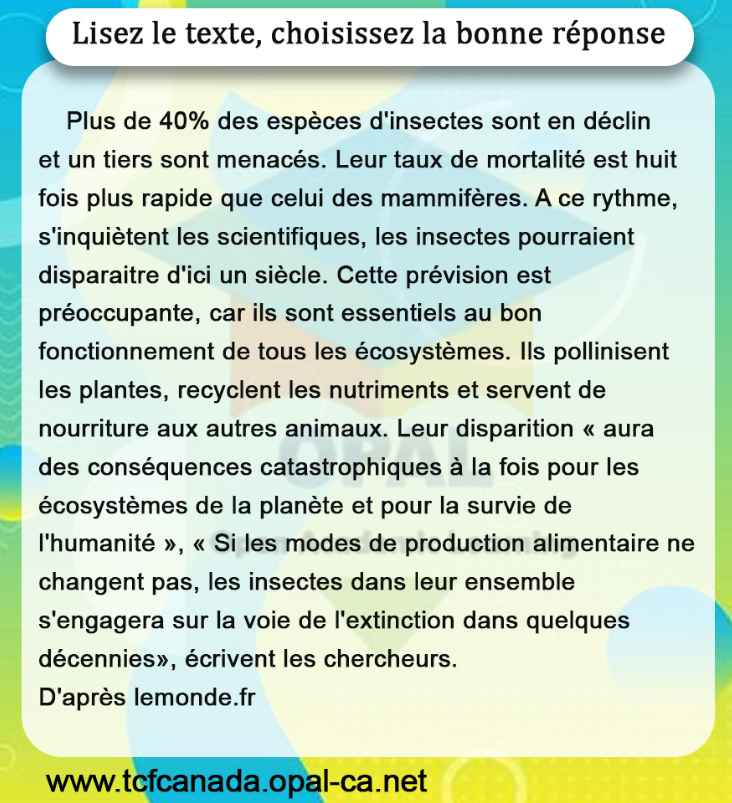 Lisez le texte, choisissez la bonne réponse

Plus de $40 \%$ des espèces d'insectes sont en déclin et un tiers sont menacés. Leur taux de mortalité est huit fois plus rapide que celui des mammifères. A ce rythme, s'inquiètent les scientifiques, les insectes pourraient disparaitre d'ici un siècle. Cette prévision est préoccupante, car ils sont essentiels au bon fonctionnement de tous les écosystèmes. Ils pollinisent les plantes, recyclent les nutriments et servent de nourriture aux autres animaux. Leur disparition « aura des conséquences catastrophiques à la fois pour les écosystèmes de la planète et pour la survie de I'humanité», "Si les modes de production alimentaire ne changent pas, les insectes dans leur ensemble s'engagera sur la voie de l'extinction dans quelques décennies», écrivent les chercheurs.
D'après lemonde.fr
www.tcfcanada.opal-ca.net